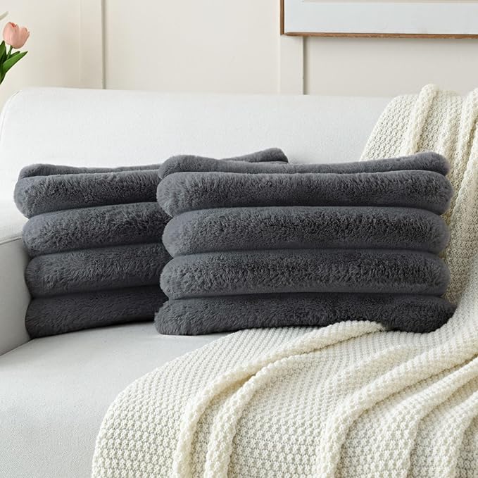 FUTEI Dark Grey Decorative Throw Pillow Covers 12x20 Inch Set of 2, Square Soft Faux Rabbit Fur Big Striped Cushion Cover,Home Decor for Couch Sofa Bed Living Room