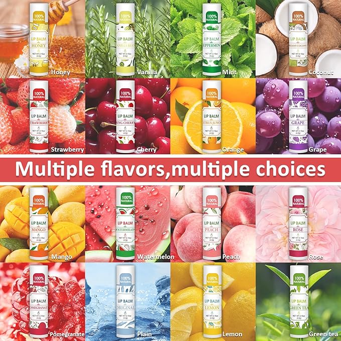 128 Pack Lip Balm, Natural Lip Balm Bulk with Vitamin E and Coconut Oil, Bulk Moisturizing Lip Balms for Dry Lips-16 Flavors