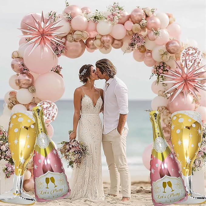 91 Pcs Rose Gold Balloons, Huge Explosion Star Balloons Champagne Bottle Goblet Aluminum Foil Balloon for Birthday, Bachelorette, Bridal Shower, Wedding, Engagement Party Decorations Supplies