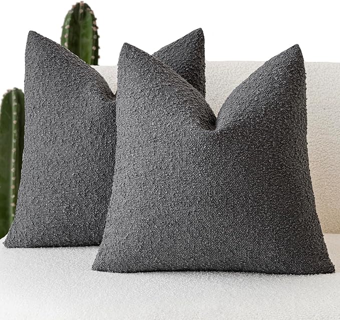 Foindtower Set of 2, Decorative Textured Boucle Throw Pillow Covers Accent Solid Pillow Cases Neutral Soft Cozy Couch Cushion Case for Chair Sofa Bedroom Living Room Home Decor 26 x 26 Inch Dark Grey