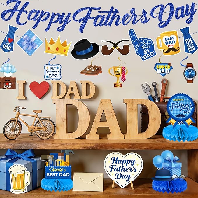 Fathers Day Decorations Set - 22 PCS Happy Father's Day Banner, Hanging Swirls & Table Centerpieces - Perfect for Fathers Day Party, Birthday and Family Gatherings