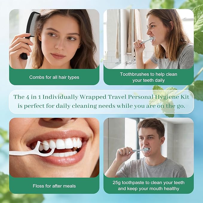 Travel Toothbrush Kit Bulk, Toothbrush Toothpaste Set, Hygiene Kit Bulk with Floss Picks, Comb, Protective Case, Individually Packaged, Suitable for Home, Travel, and Hotels (30-Pack)