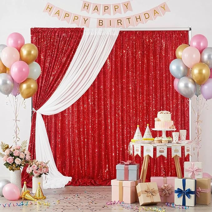 B-COOL Red Sequin Backdrop Curtains 2 Packs 3.3ftx8ft Wedding Sparkle Backdrop Fabric Glitter Background Drapes for Party Ceremony Birthday Decoration