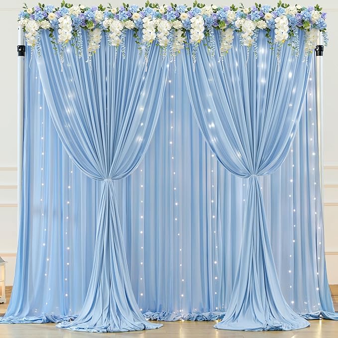 20 x 10ft Baby Blue Backdrop Curtains with Lights String for Baby Shower Photo Backdrop Drapes Wrinkle Free Polyester Long Curtains for Parties Wedding Reception Bridal Shower Ceremony-5 x 10ft 4Panel