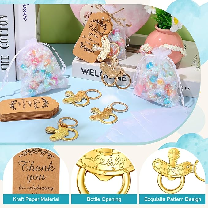 CHENGU Popping Bottle Openers Baby Shower Return Favors for Guests Bottle Opener Decorations and Souvenirs with Organza Bags Thank You Tags for Theme Party Favors (Nipple Style,73 Pieces)