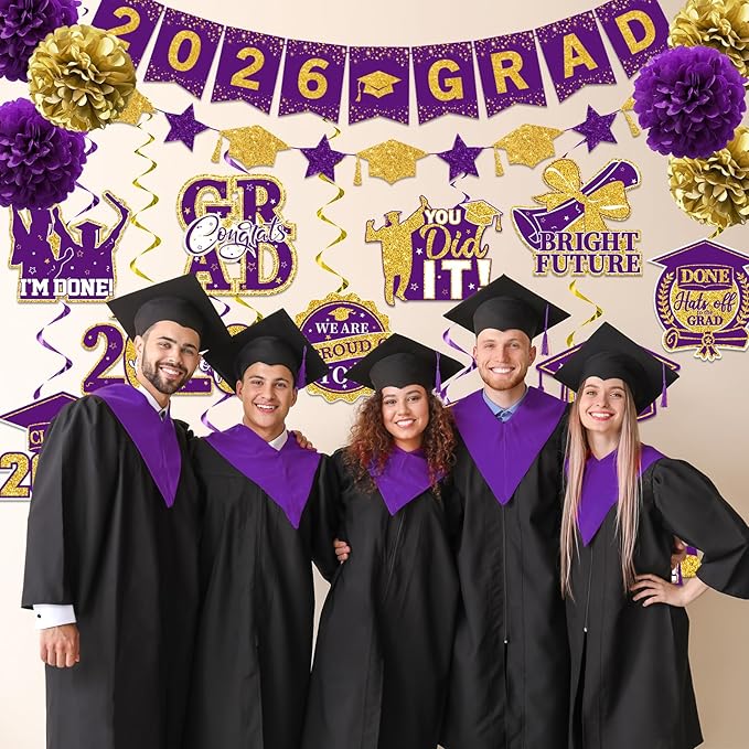 Graduation Decorations 2026 Purple, 2026 Grad Banner and Congrats Grad Hanging Swirls, Purple and Gold Graduation Banner Graduations Hanging Swirls College Graduations Party Decorations Class of 2026