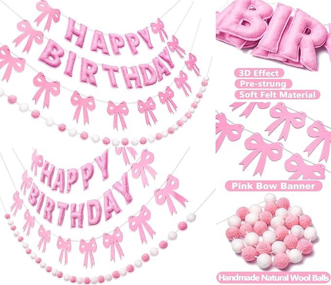 Pre-Strung Pink Bow Birthday Decorations, Reusable Coquette Party Decorations with Wool Felt Happy Birthday Banner, Bow and Felt Ball Garland for Girls Women Baby Shower Pink Bow Theme Decor