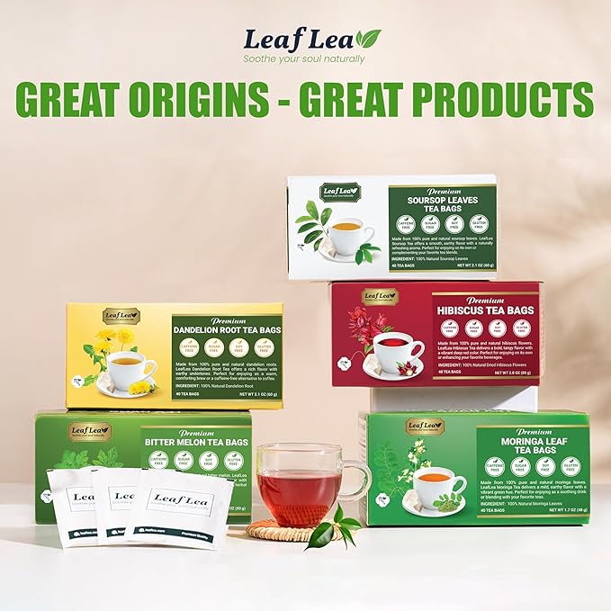 LeafLea 40 Premium Soursop Leaf Tea Bags, Pure & Natural Sour Sop Leaves, Graviola Leaves Tea, Hoja Guanabana Tea, Natural Digestion Support Herbal Tea Bags, Nutrient-Rich, No Sugar, No Caffeine