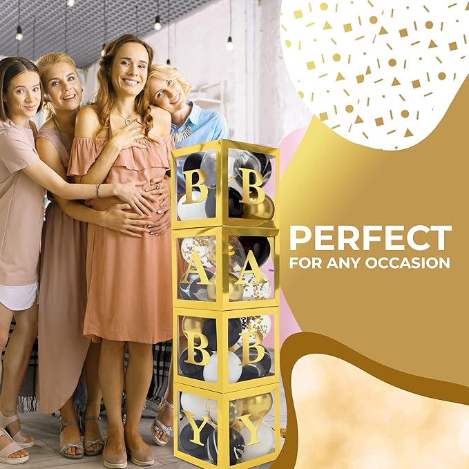 Baby Shower Boxes with Letters – Gold Boxes with Gold & Black Balloons – 44-Piece Gender Reveal & Party Decoration Set by Vellax