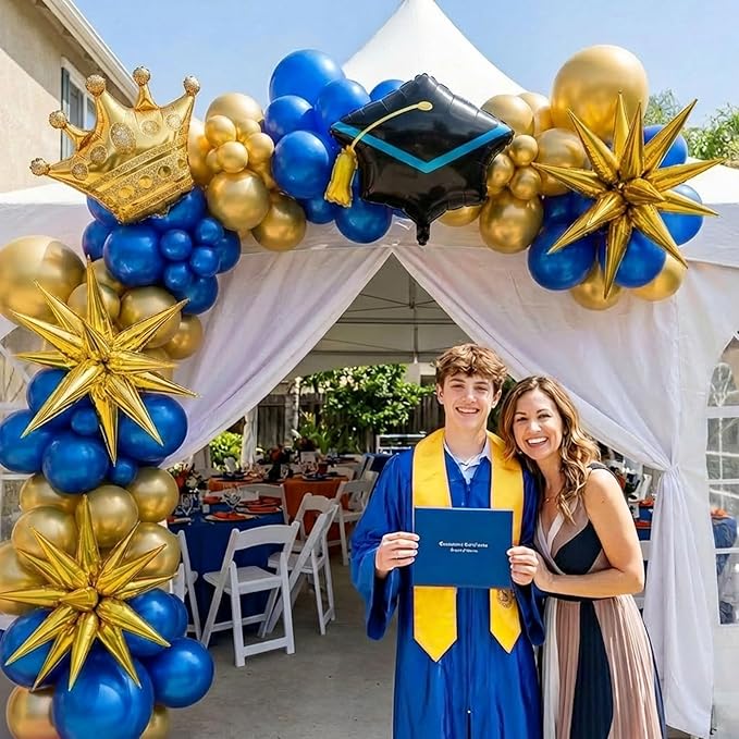 Royal Blue and Gold Graduation Balloon Garland Arch Kit 105 PCS with foil star crown graduation cap balloons for School students graduate class of 2025 Prom Party Decorations (Royal Blue Gold)