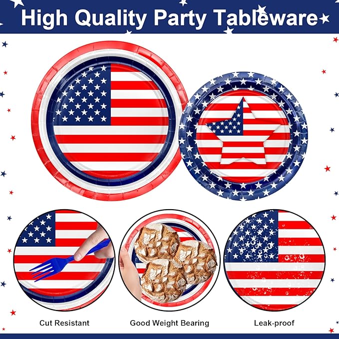 170 Pcs Patriotic American Flag Plates Napkins Cups Tablecloth Banner Red White Blue 4th of July Party Supplies for Flag Day, Veterans Decorations Serve 24