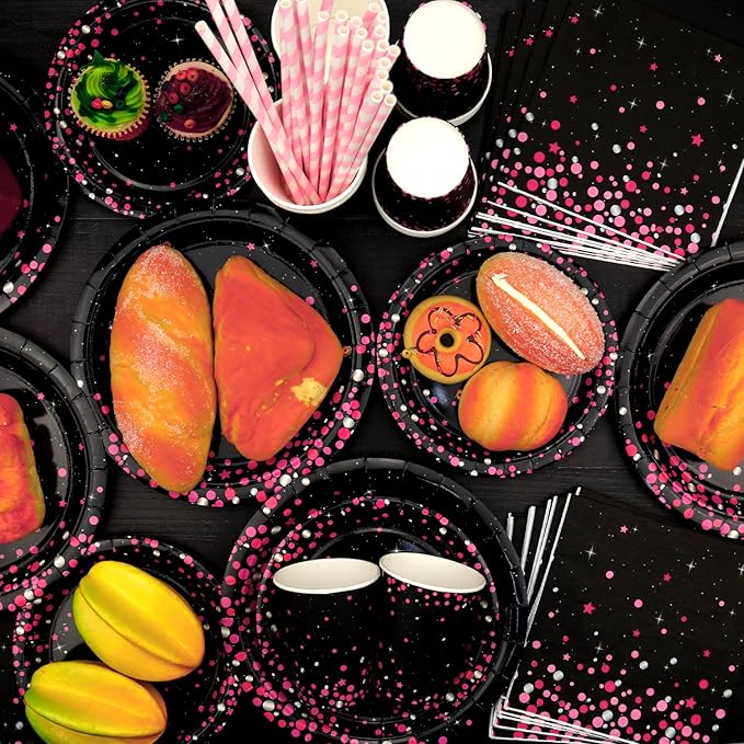 Pink Black Party Decoration - Pink and Black Birthday Party Tableware Supplies Includes Plates, Cups, Napkins, Tablecloth, Straws (20)