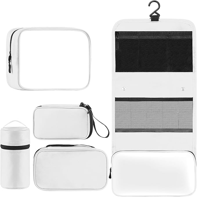 Toncoke Travel Toiletry Bag Set, Hanging Toiletry Bag Premium Faux Leather, Toiletry Bag for Women & Men, Travel Essentials Makeup Bag Water-resistant, White