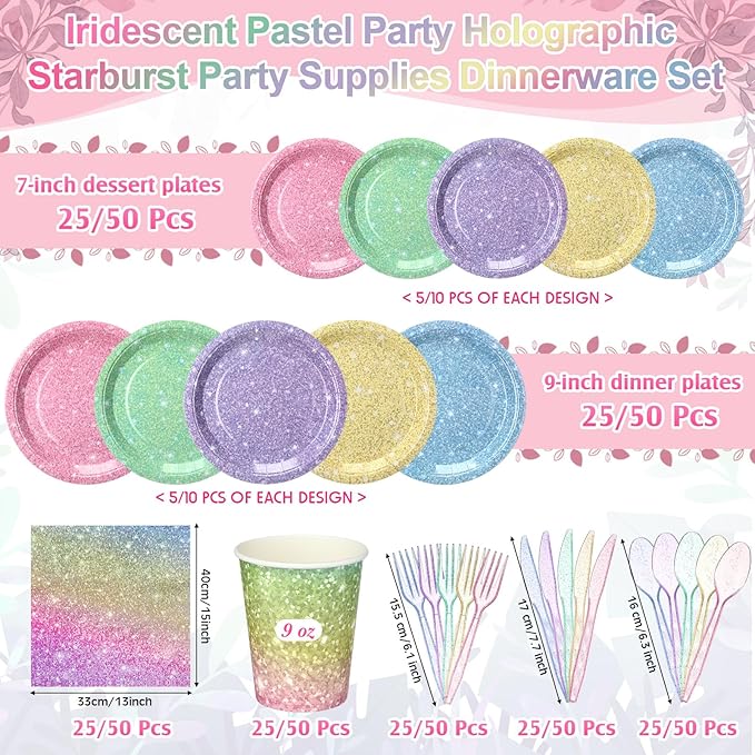 Hushee 175 Pcs Pastel Rainbow Holographic Print Party Supplies Guests Disposable Dinnerware Set Include Paper Plates, Napkins, Cups, Plastic Cutlery for Wedding Birthday Disco Bachelorette
