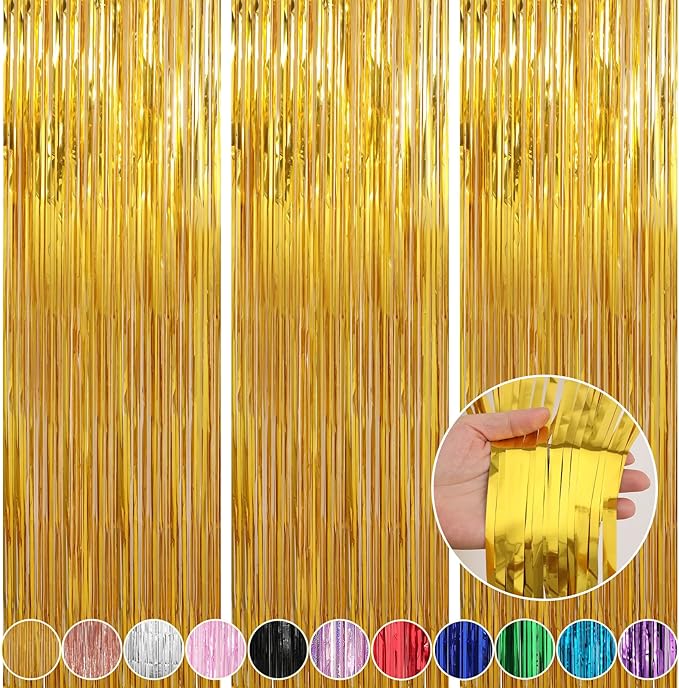 Crosize 2 Pack 3.3 x 9.9 ft Gold Foil Fringe Curtains Party Decorations, Gold Tinsel Curtain Backdrop for Parties, Streamer Fringe Backdrop for Bachelorette Valentines Day Party Birthday Decoration