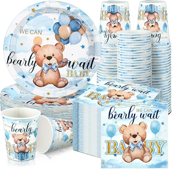 Hushee 200 Pcs Blue Bear Baby Shower Paper Plates Napkins Cups Baby Shower Party Supplies Tableware Set Bear Theme Disposable Cup Napkin for 50 Guest Boy Sets Spring Party Decoration Boy Girl