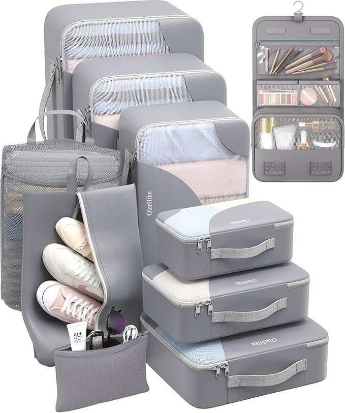 10 Set Packing Cubes for Travel, Gifts for Women Mom,Anti-Tearing Suitcase Organizer for Luggage with Shoe & Hanging Toiletry Bag,OlarHike Vacation Essentials & Accessories for Cruise Ship