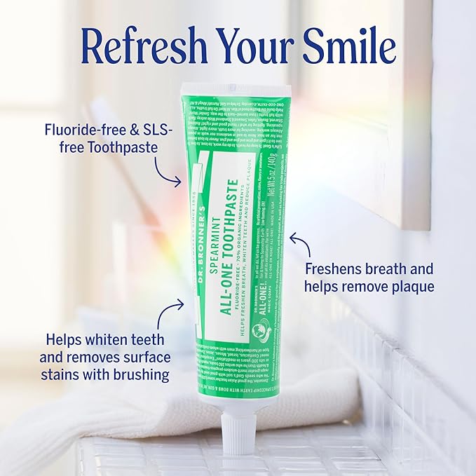 Dr. Bronner’s All-One Toothpaste Pack of 3– Spearmint, 5 oz– Fluoride-Free Toothpaste for Adults, SLS-Free, 70% Organic & Natural Ingredients, Vegan, Helps Freshen Breath & Reduce Plaque