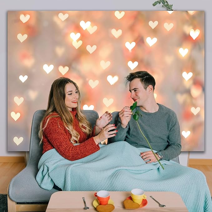 Romantic Anniversary Backdrop Banner 7x5ft Gold Heart Light Decorations for Couples Date Night Wedding Engagement Birthday Party Photo Booth Background (82x59inch)