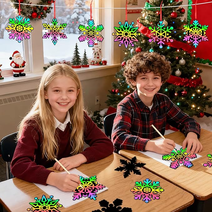 JULMELON 36Pcs Snowflake Scratch Art, Magic Rainbow Scratch Paper Art Winter Holiday Christmas Crafts for School Classroom Activity Christmas Winter Holiday Party Favors Gifts