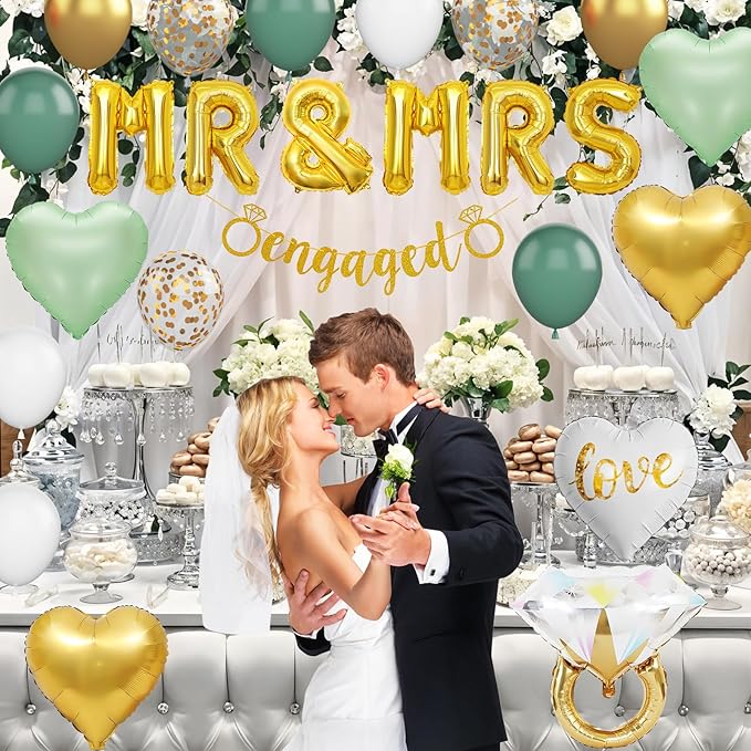 Sage Green Engagement Party Decorations, MR and MRS Balloons, Metallic Gold White Confetti Balloon, Love Heart and Diamond Ring Foil Balloon with Engaged Banner for Wedding Engagement Party Decoration