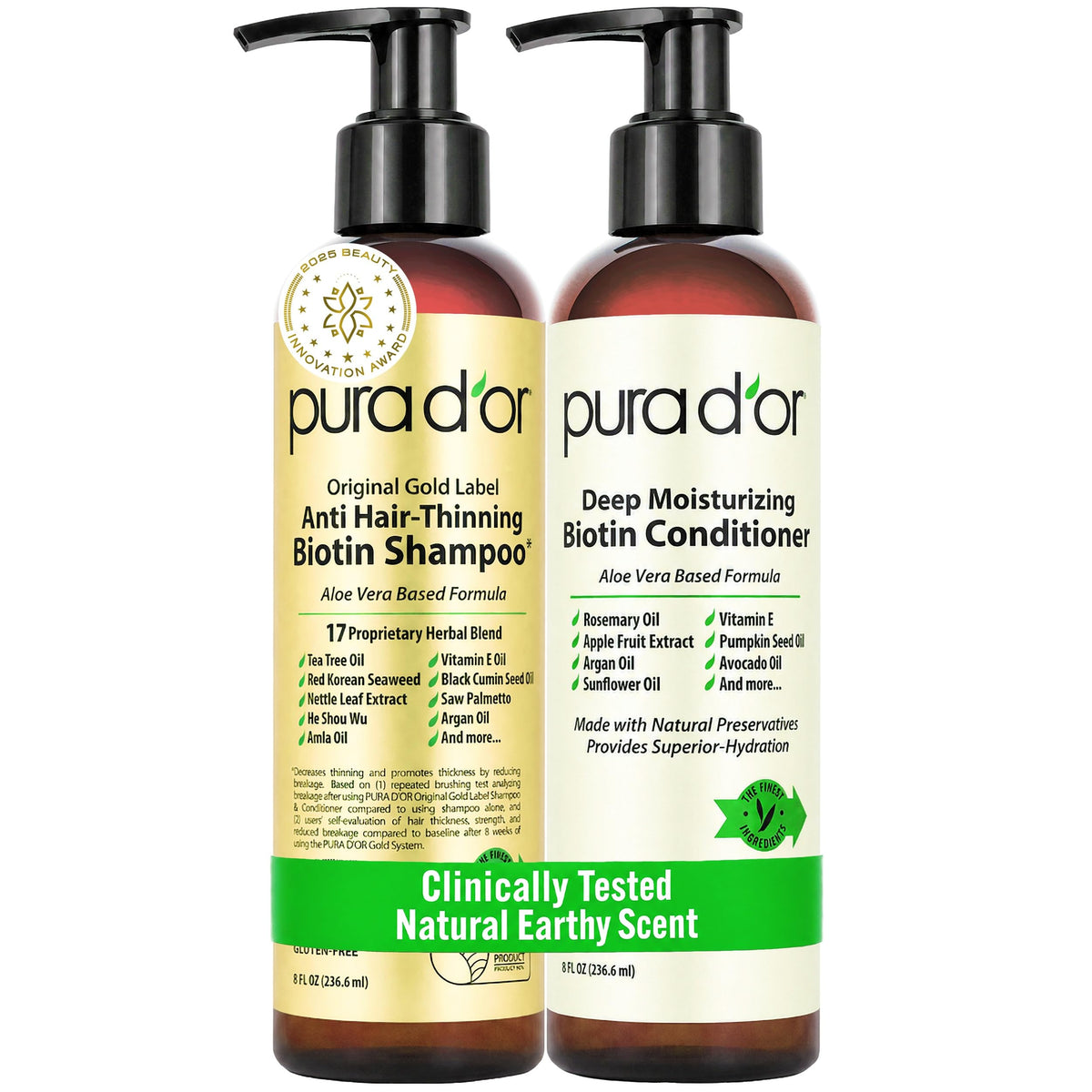 PURA D'OR Anti-Thinning Biotin Shampoo & Hair Regrowth Conditioner, CLINICALLY TESTED Effective Results, Thickening Herbal Blend For Women & Men, Original Gold Label Set, Natural Earthy Scent, 8oz x2