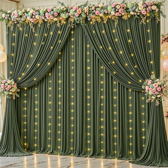 10 x 10ft Hunter Green Backdrop Curtains with Lights String Polyester Photo Backdrop Drapes Wrinkle Free Dark Green Long Curtain for Birthday Party Wedding Reception Baby Shower Ceremony-10 x 5ft x 2P