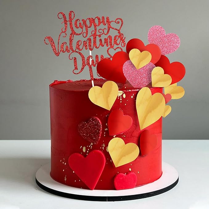 DRWATE 33pcs Happy Valentine's Day Cake Toppers with Red Heart Decorations for Valentine's Day Party Supplies (Red)