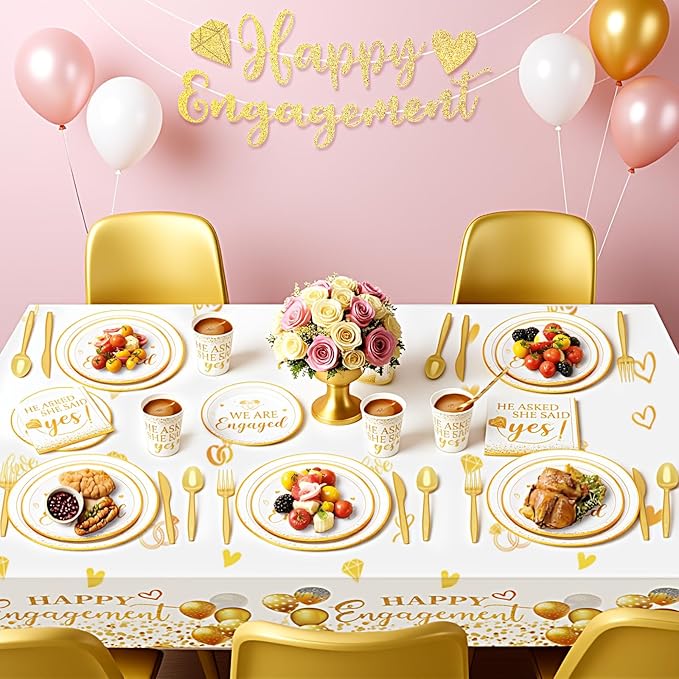 Engagement Party Decorations, Happy Engagement Party Supplies Kit, He Asked She Said Yes Paper Plates Napkins Disposable Dinnerware Tablecloth Backdrop for Wedding Proposal Party Decor, Serve 20
