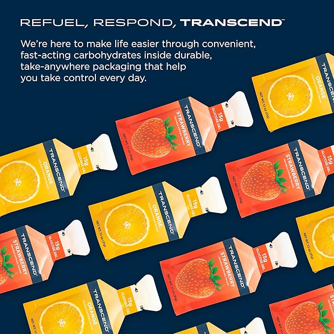 Transcend Foods Strawberry + Orange Gels (1.1 oz, Pack of 10) Fast-Acting Carb Gel Strawberry and Orange Flavor – Caffeine Free, Gluten Free