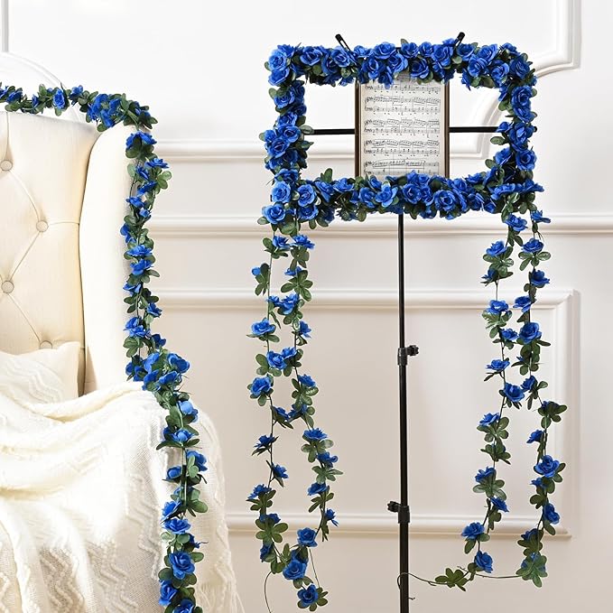 MARTINE MALL Flower Garland Rose Vines, 5 Strands 41Ft Flowers Vines for Bedroom, Rose Flower Garland Decoration, Sapphire Rose Floral Garland for Room Table Birthday Wedding Party Garden Wall Decor