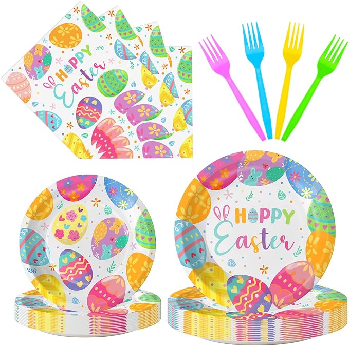 96 Pcs Happy Easter Plates and Napkins Forks Sets - Colorful Eggs Themed Round Tableware, Disposable Spring Flowers Paper Plates Napkins Set for Easter Party Supplies Favors Table Decor, Serves 24