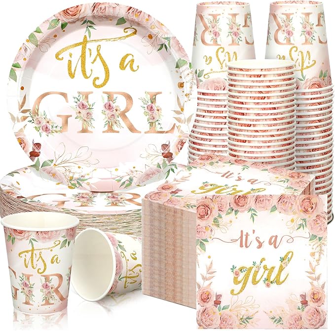 200 Pcs Floral Baby Shower Paper Plates Napkins Cups Baby Shower Party Supplies Tableware Set Rose Gold Disposable Cup Napkin for 50 Guest Girls Spring Party Decoration