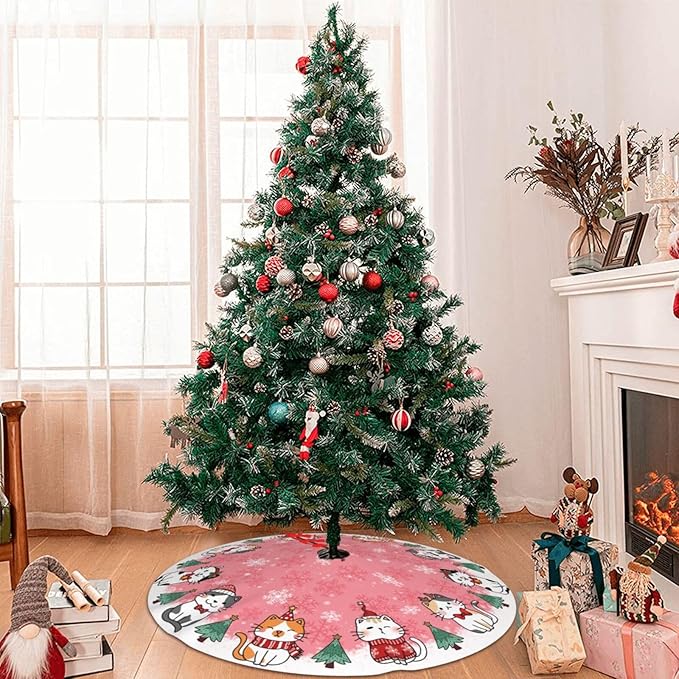 Cute Christmas cat Tree Skirt Xmas Tree Mat Christmas Tree Ornaments Decorations Holiday Party Indoor Outdoor 30"