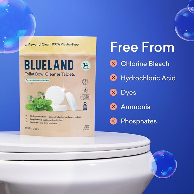 BLUELAND Toilet Bowl Cleaner Tablets, Starter Set, 14 Count with Tin, Peppermint Eucalyptus, Plastic-Free, No Harsh Chemicals, Plant-Based