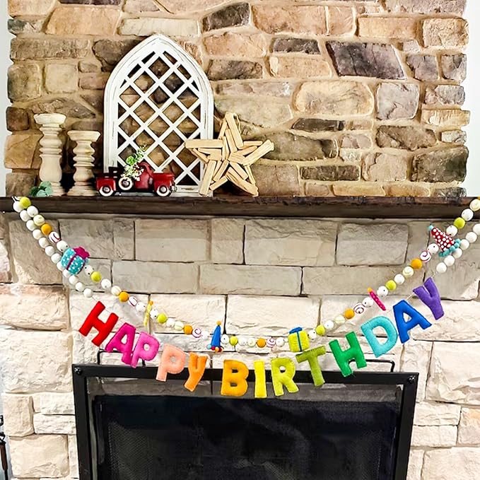Pre-Strung Happy Birthday Banner - Felt Ball Garland - Happy Birthday Garland, Rainbow Party Decorations, Personalized Birthday Sign for Party Decor,Photo Prop (Birthday Banner Wearing White Balls)