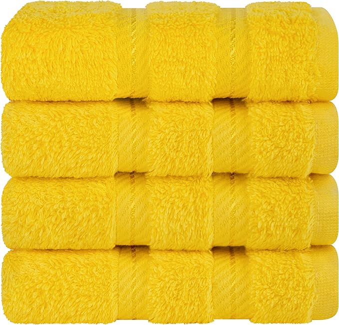 American Soft Linen Luxury Washcloths for Bathroom, 600 GSM 100% Cotton 4 Piece Turkish Wash Cloth Set, 13x13 in Soft Rags for Body and Face, Yellow Washcloths