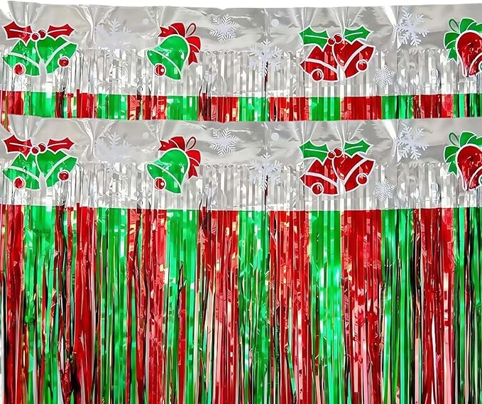 4 Packs 10 Feet Long Foil Fringe Christmas Garland Red Green Silver Tinsel Metallic Streamers Bells Wall Hanging Banner for Car Parade Floats Table Skirts Indoor Xmas Party Decorations