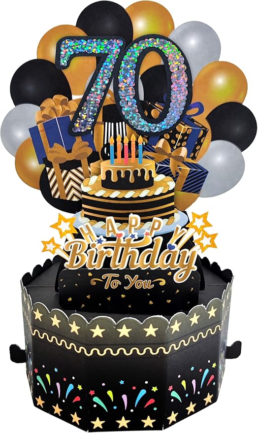 70th Birthday Cards 3D Popup Birthday Greeting Cards - Birthday Greeting Card for Men, Women, Mom,Dad and Grandparents with Blank Note and Envelope Included (Black Gold)