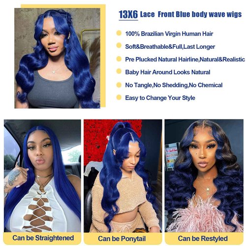 ELFSECRET Blue Lace Front Wigs Human Hair Body Wave 13x6 Hd Lace Frontal Wig Human Hair 180% Density Dark Blue Wig Human Hair for Black Women Royal Blue Wear And Go Glueless Wigs Pre Plucked 20 Inch
