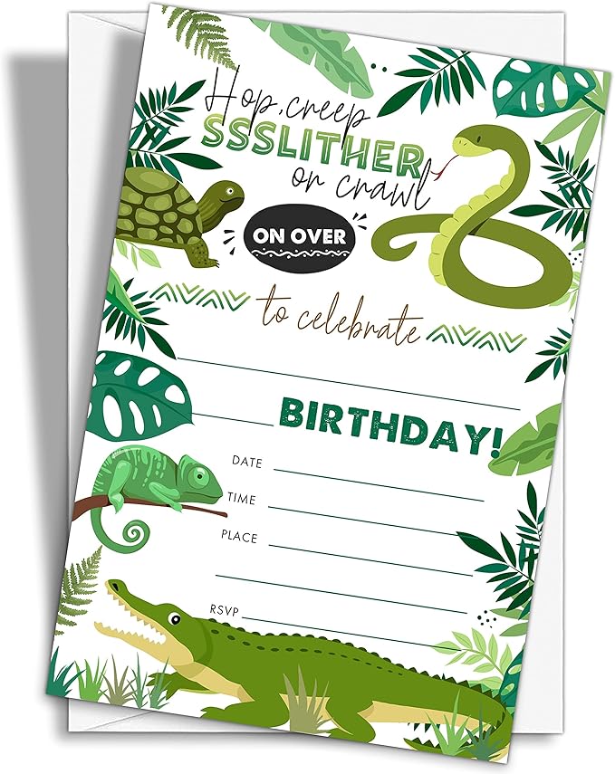 Reptile Birthday Party Invitations, 20-Count Snake Lizard Crocodile Theme Birthday Party Invites With Envelopes-HBYQK-B35