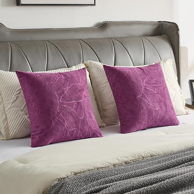 FUTEI Purple Velvet Throw Pillow Covers 26x26 Inch Set of 2,Soft Embossed Leaf-Relief Textured Euro Pillow Shams,Natural Home Decor for Couch Living Room