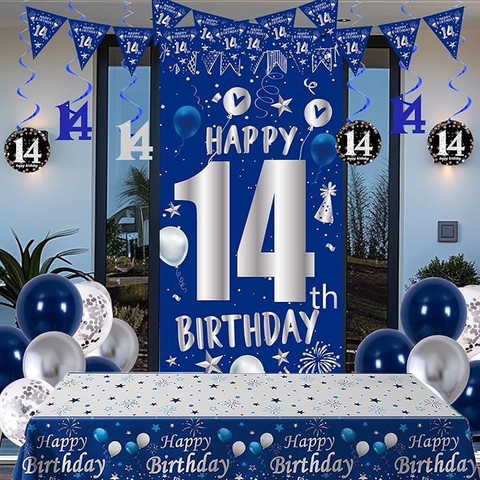 14th Birthday Decorations for Boys Girls, Blue Silver Happy 14th Birthday Party Decorations Supplies - Happy 14 Birthday Backdrop Banner Tablecloth Triangle Flag Balloons for 14 Year Old Bday Party