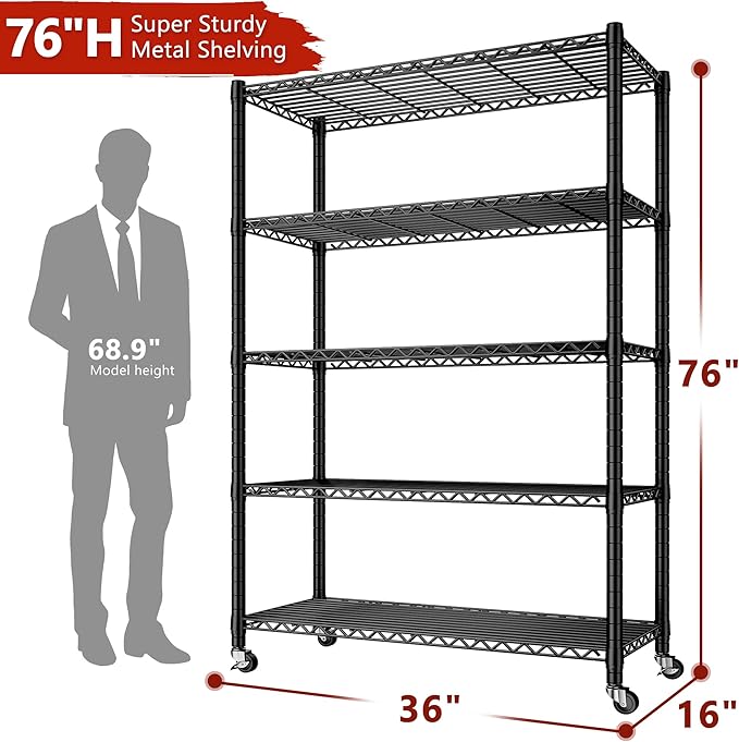 REIBII Storage Shelves Load 1980LBS,5 Tier Metal Shelving Unit with Wheels,Adjustable Garage Shelving Wire Shelves Commercial Shelf for Garage Pantry Kitchen,76''HX36''WX16''D Black