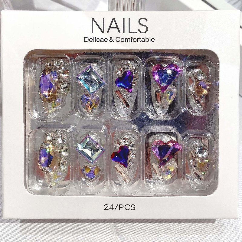QQPPOLIU Almond Press on Nails Medium False Nails Stiletto Handmade Glue on Nails with 3D Big Jewel Rhinestones Designs Full Cover Nails Silver Glitter Press Ons Gift for Mother's day (Transparency)