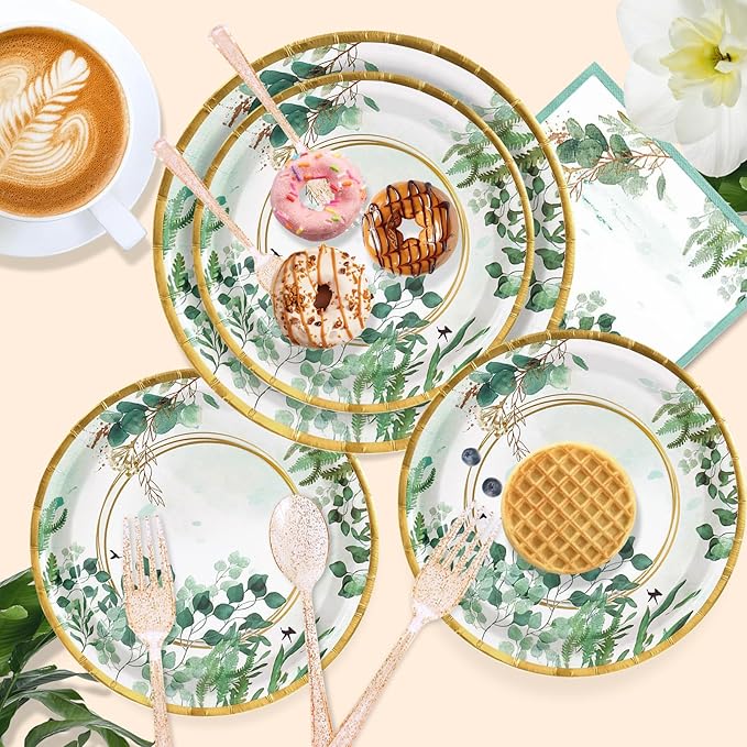 350 Pcs Sage Green Plates and Napkins Party Supplies Serve 50 Sage Green Baby Shower Decorations Eucalyptus Paper Plates and Cups And Napkins Sets for Boho Birthday Wedding Baptism Bridal