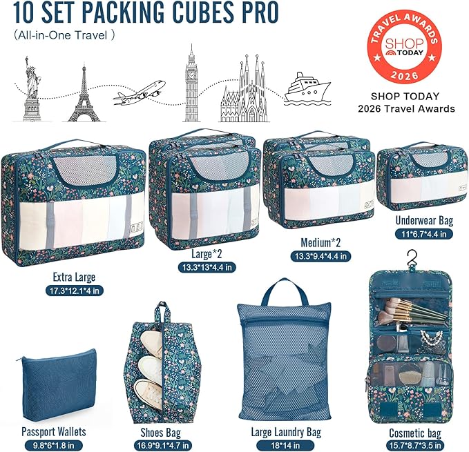 Veken 10 Set Packing Cubes for Travel Essentials, Suitcase Organizer Bags in 4 Sizes, Carry-On Luggage Accessories with Large Laundry Bag & Passport Holder, Must-Have for Airplane, Road Trip & Camping