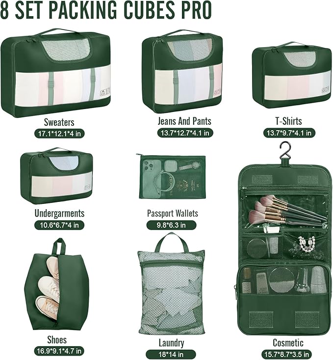 Veken 8 Set Packing Cubes for Travel Essentials, Suitcase Organizer Bags in 4 Sizes, Carry-On Luggage Accessories with Large Laundry Bag & Passport Holder, Must-Have for Airplane, Road Trip & Camping