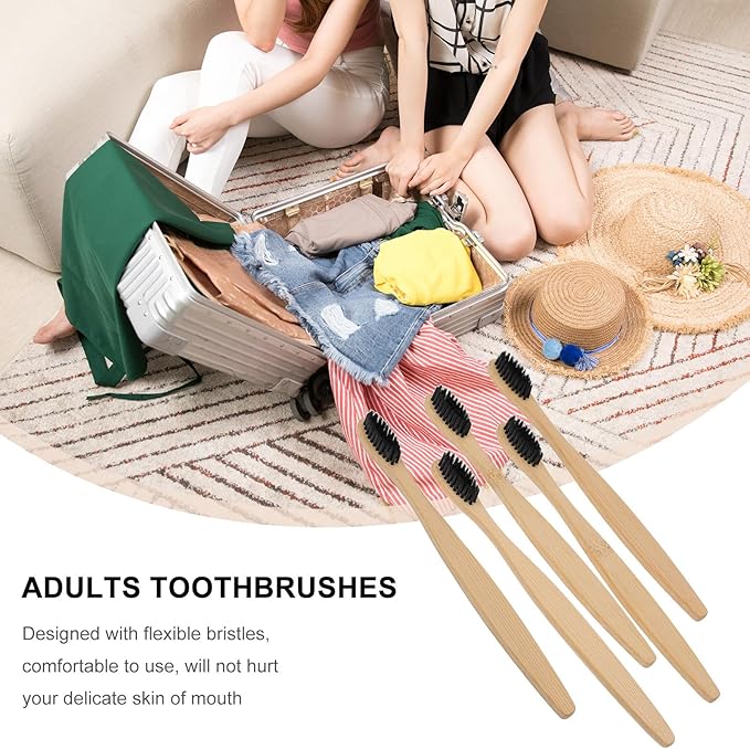 Charcoal Toothbrushes 10pcs Disposable Soft Nylon Bristle Manual Toothbrushes with Natural Handle Eco-Friendly Oral Care for Adults