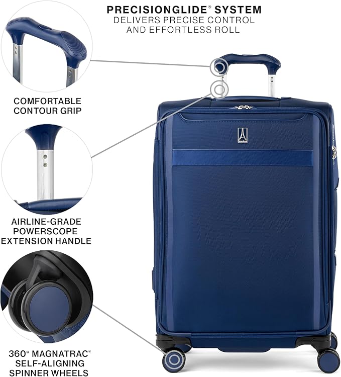 Travelpro VersaPack+ Lightweight Softside Expandable Checked Luggage, 8 Spinner Suitcase, TSA Lock, Men and Women, Checked Medium 25-Inch, Estate Blue